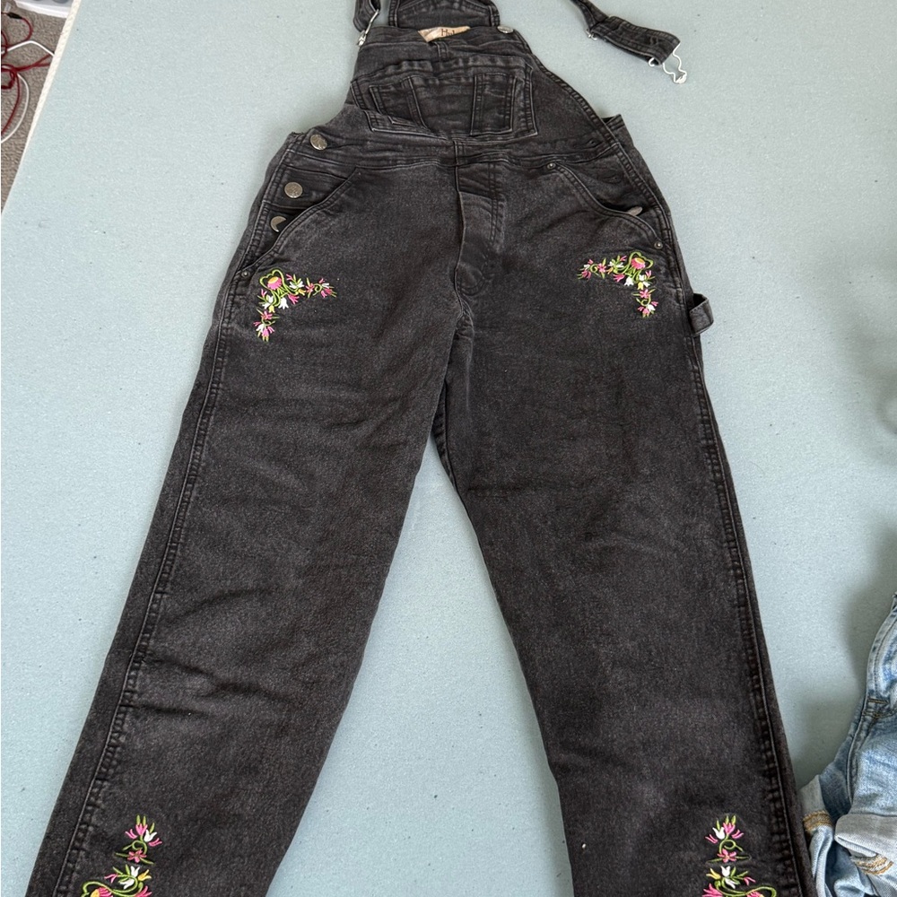 Women's Black Embroidered Overalls